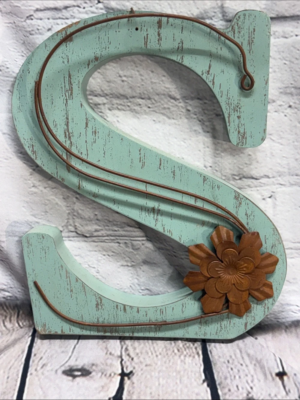 Mint Wooden Letter 'S' Wall Accent with Brown Flower